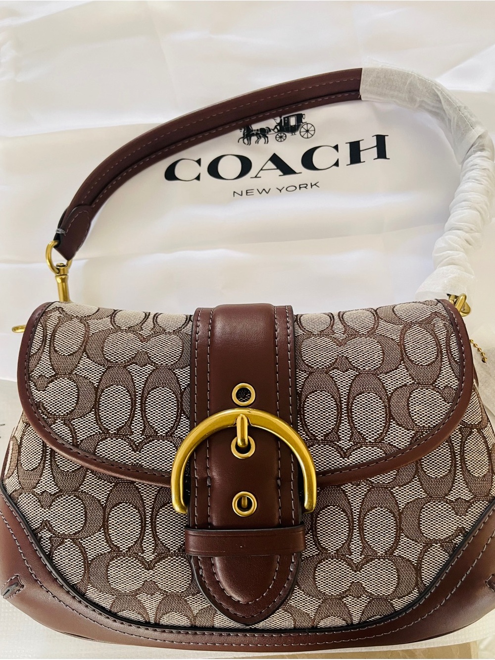 Beautiful Coach Brown Signature Canvas Saddle Shoulder Bag with Gold Hardware